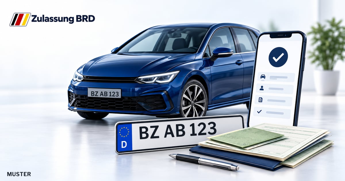 Online Fahrzeugzulassung in Landkreis Bautzen: Musterkennzeichen BZ AB 123, Auto und Fahrzeugpapiere und Smartphone. Illustration mit Logo von Zulassung BRD.